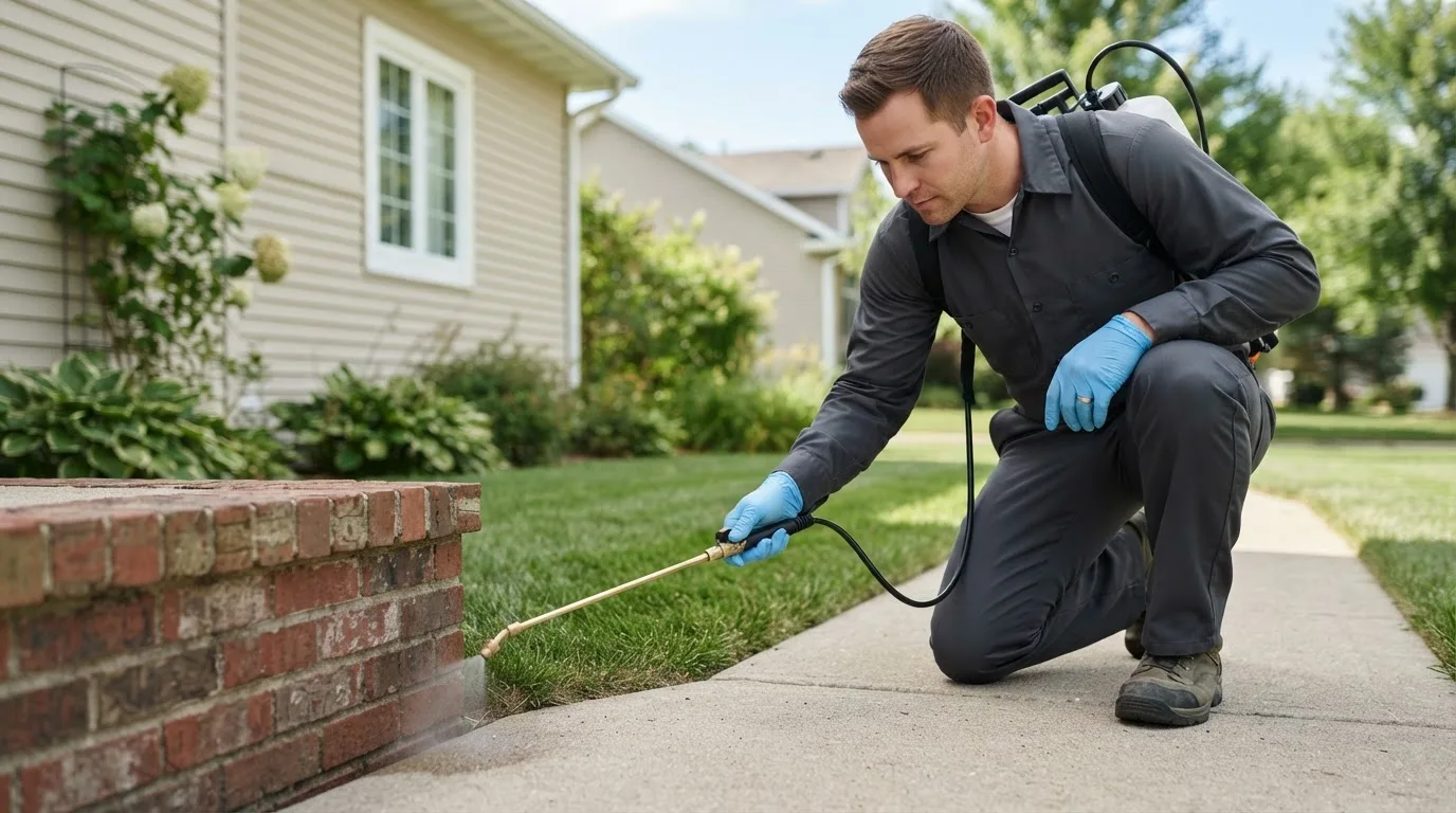 Pest control technician treating a home near Riverdale, MI