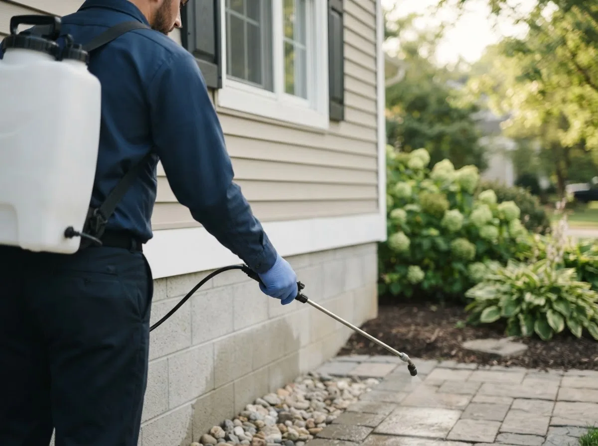 Pest control technician inspecting a home in Riverdale, MI